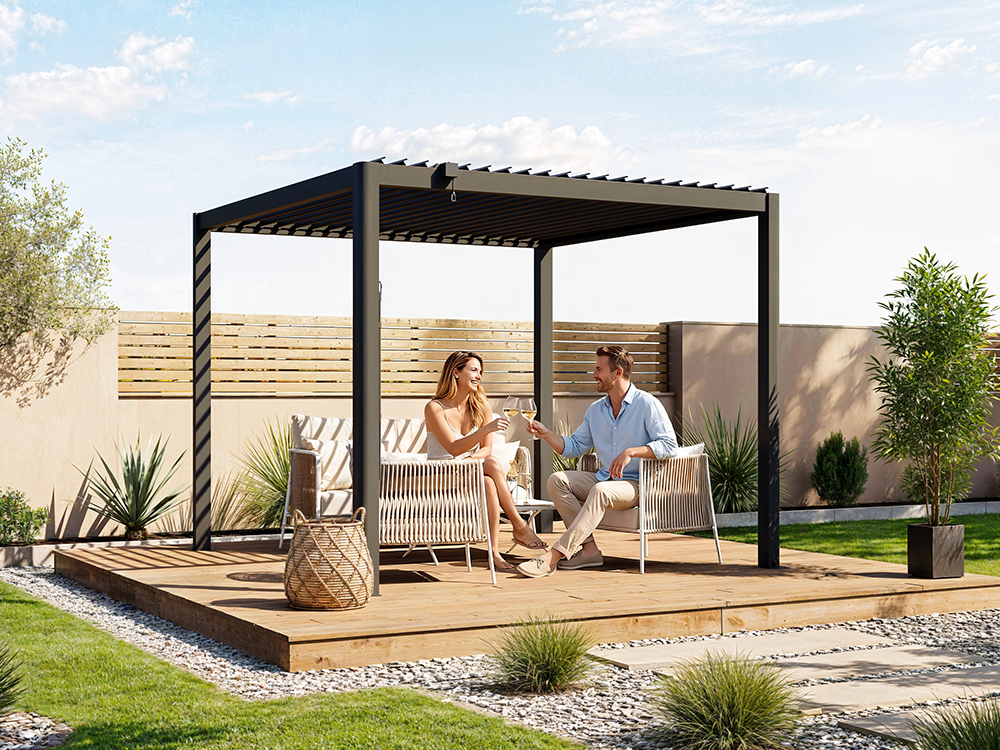 Premium Pergola ZENO 293x293 cm aus Stahl | Anthrazit RAL 7016 | Lamellendach