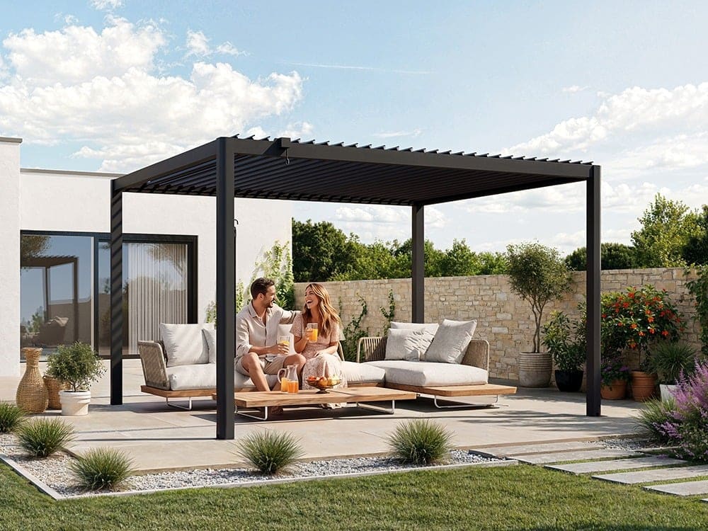 Premium Pergola ZENO 383 x 337 cm aus Stahl | Anthrazit RAL 7016 | Lamellendach