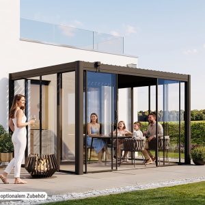 Premium Pergola ZENO 383 x293 cm aus Stahl | Anthrazit RAL 7016 | Lamellendach
