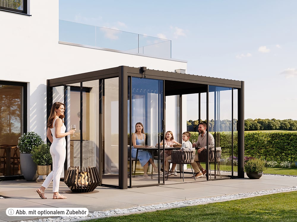 Premium Pergola ZENO 383 x293 cm aus Stahl | Anthrazit RAL 7016 | Lamellendach