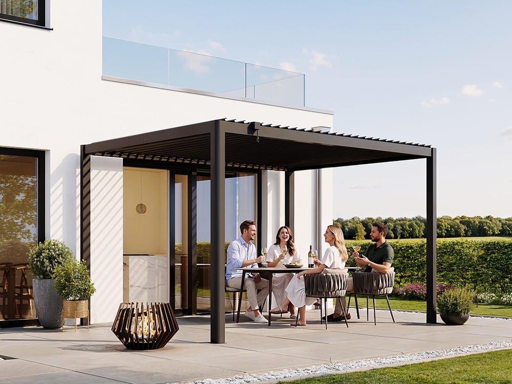Premium Pergola ZENO 383 x293 cm aus Stahl | Anthrazit RAL 7016 | Lamellendach