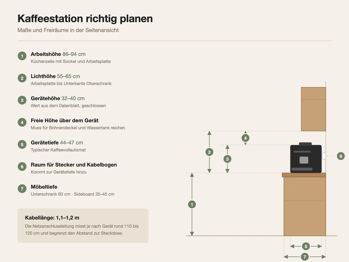 Kaffeestation planen - Maße und benötigte Freiräume im Überblick ( KI,Symbolbild)