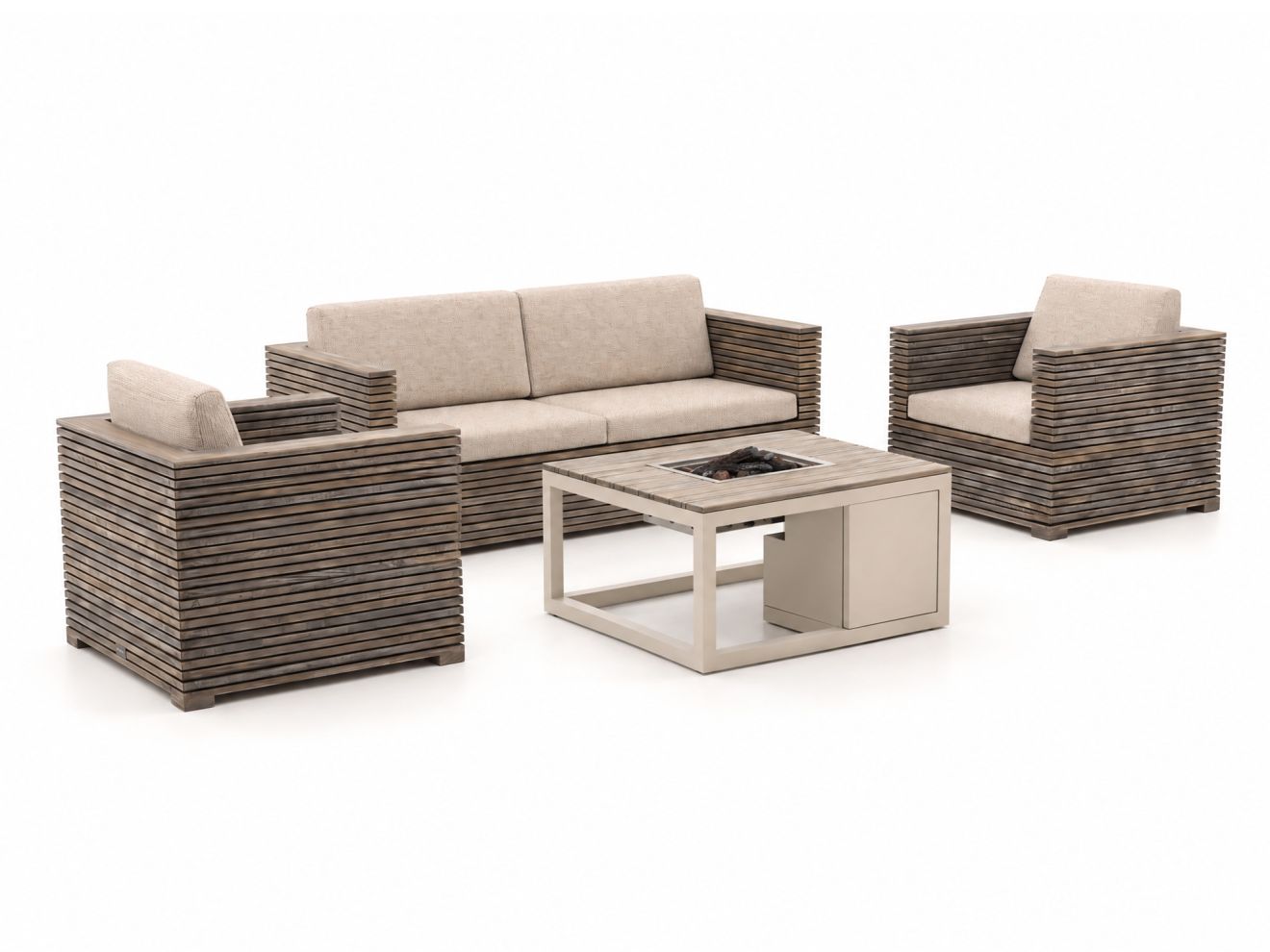 + 10 % Kassenrabatt | ROUGH-C/Cosiraw Sessel-Sofa-Lounge-Set mit Feuertisch 4-teilig