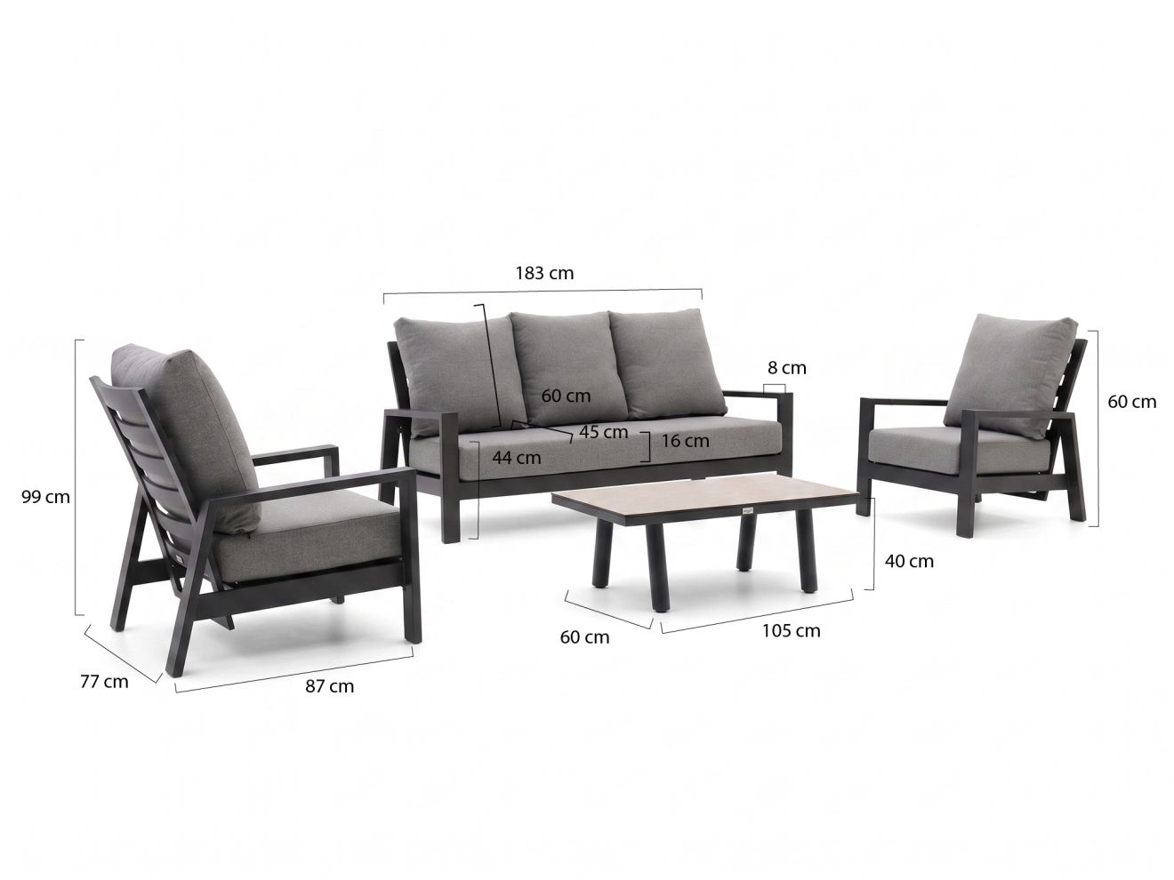 Tierra Outdoor Musone Sessel-Sofa Lounge-Set 4-teilig 5-Sitzer verstellbar